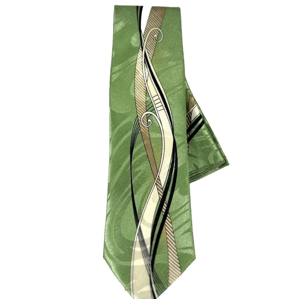 Da Ciro Boys Tie Hanky Set Green Black Beige Bone 3" Wide 54" 100% Polyester